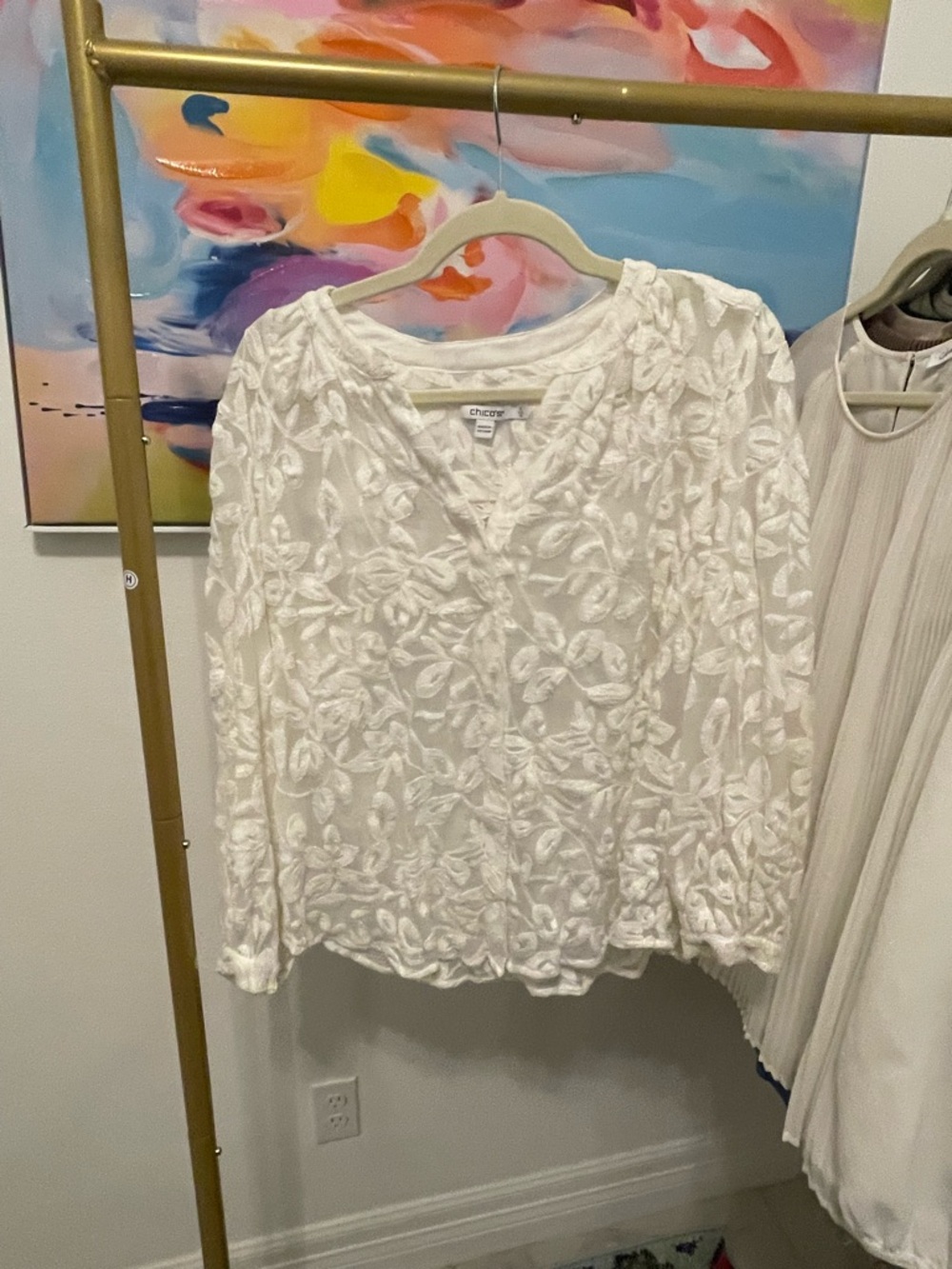 Chico's White Floral Long-Sleeve Dress Shirt Size 2 Large